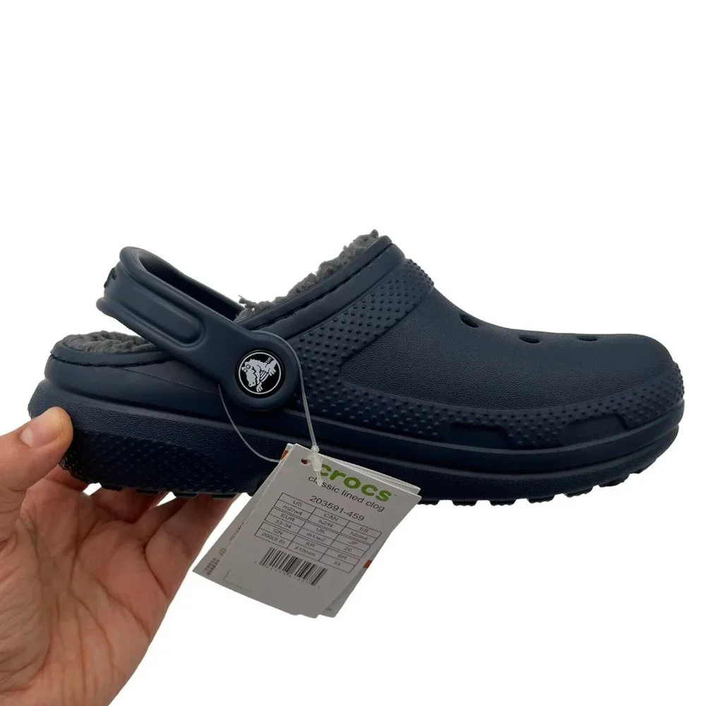 Crocs Boys Lined Clogs Size 2 (J2) Navy Blue Lightweight Cozy Comfy Slip on Shoe